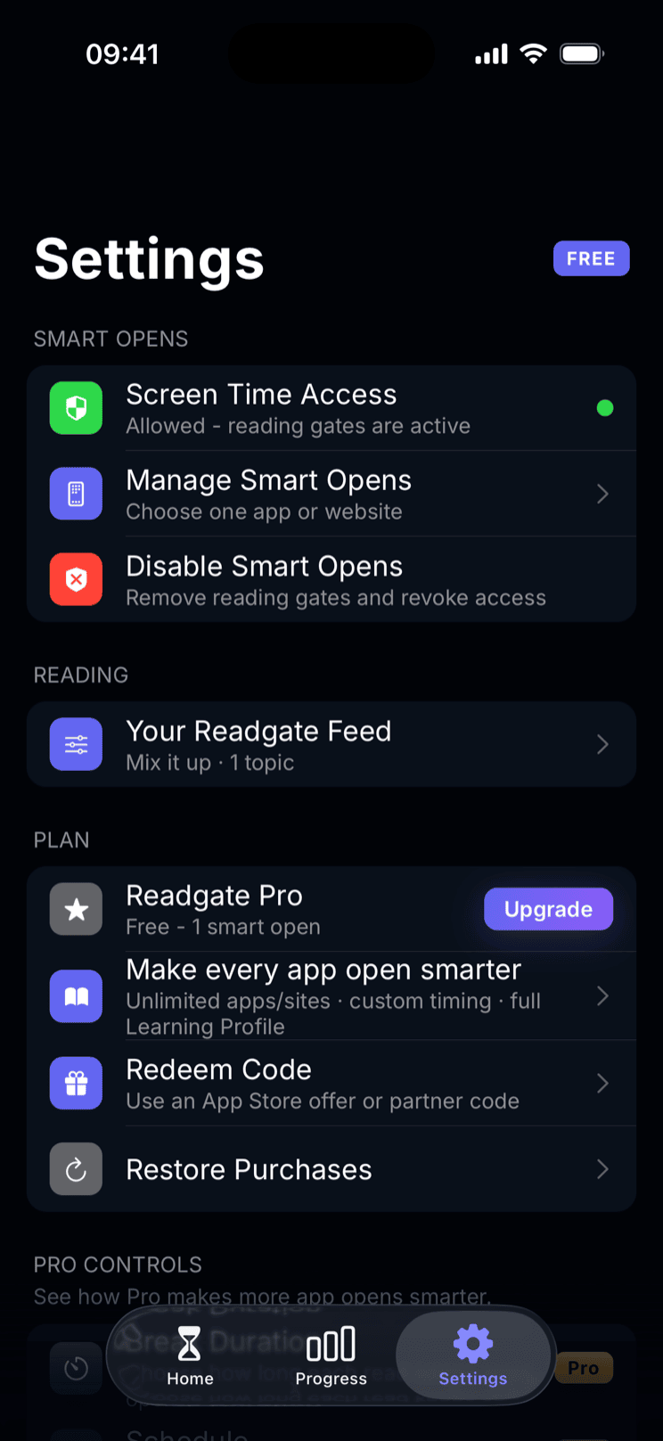 Readgate settings and app blocking controls
