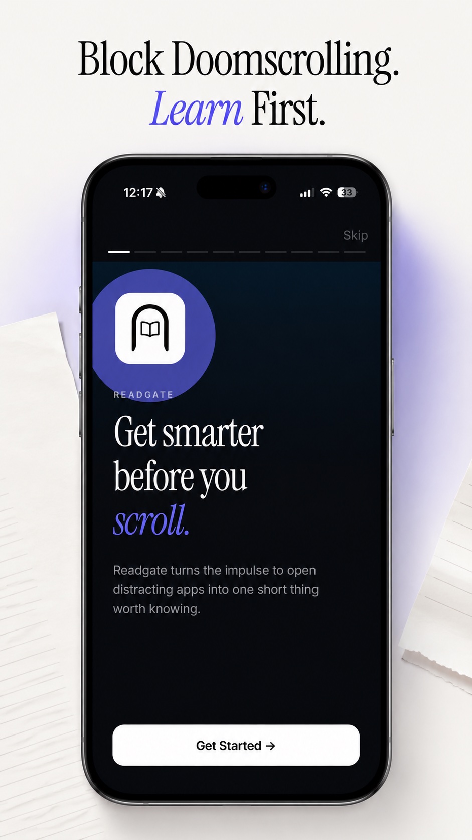 Readgate onboarding screen — learn before you scroll